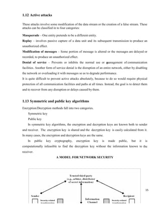 15
1.12 Active attacks
These attacks involve some modification of the data stream or the creation of a false stream. These
attacks can be classified in to four categories:
Masquerade – One entity pretends to be a different entity.
Replay – involves passive capture of a data unit and its subsequent transmission to produce an
unauthorized effect.
Modification of messages – Some portion of message is altered or the messages are delayed or
recorded, to produce an unauthorized effect.
Denial of service – Prevents or inhibits the normal use or management of communication
facilities. Another form of service denial is the disruption of an entire network, either by disabling
the network or overloading it with messages so as to degrade performance.
It is quite difficult to prevent active attacks absolutely, because to do so would require physical
protection of all communication facilities and paths at all times. Instead, the goal is to detect them
and to recover from any disruption or delays caused by them.
1.13 Symmetric and public key algorithms
Encryption/Decryption methods fall into two categories.
Symmetric key
Public key
In symmetric key algorithms, the encryption and decryption keys are known both to sender
and receiver. The encryption key is shared and the decryption key is easily calculated from it.
In many cases, the encryption and decryption keys are the same.
In public key cryptography, encryption key is made public, but it is
computationally infeasible to find the decryption key without the information known to the
receiver.
A MODEL FOR NETWORK SECURITY
 