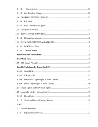 4
1.15.1.4 Vigenere cipher....................................................................................................... 21
1.15.2 One Time Pad Cipher ................................................................................................. 22
1.16 TRANSPOSITION TECHNIQUES.................................................................................. 23
1.16.1 Rail fence.................................................................................................................... 23
1.16.2 Row Transposition Ciphers- ...................................................................................... 23
1.17 Feistel cipher structure....................................................................................................... 24
1.18 BLOCK CIPHER PRINCIPLES ......................................................................................... 1
1.18.1 Block cipher principles................................................................................................. 2
1.19 DATA ENCRYPTION STANDARD (DES) ...................................................................... 2
1.19.1 DES Modes of Use ....................................................................................................... 4
1.19.1.3 Stream Modes ........................................................................................................... 5
Limitations of Various Modes.................................................................................................. 5
DES Weak Keys......................................................................................................................... 8
1.20 DES Design Principles......................................................................................................... 9
Possible Techniques for Improving DES .............................................................................. 11
1.20.1 Triple DES.................................................................................................................. 11
1.20.2 IDEA (IPES)............................................................................................................... 12
1.20.3 Differential Cryptanalysis of Block Ciphers .............................................................. 14
1.20.4 Linear Cryptanalysis of Block Ciphers ...................................................................... 16
1.21 Stream Ciphers and the Vernam cipher ............................................................................. 17
1.22 Modern Private Key Ciphers (part 1)................................................................................. 18
1.22.1 Block Ciphers ............................................................................................................. 18
1.22.2 Shannons Theory of Secrecy Systems........................................................................ 18
2 UNIT ......................................................................................................................................... 22
2.1 Modular Arithmetic ........................................................................................................... 22
2.1.1 Exponentiation in GF(p)............................................................................................. 23
 