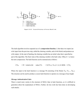 The hash algorithm involves repeated use of a compression function, f, that takes two inputs (an
n-bit input from the previous step, called the chaining variable, and a b-bit block) and produces an
n-bit output. At the start of hashing, the chaining variable has an initial value that is specified as
part of the algorithm. The final value of the chaining variable is the hash value. Often, b > n; hence
the term compression. The hash function can be summarized as follows:
CVo = IV = initial n-bit value CVi = f (CVi-1, Yi-1) 1 ≤i ≤L H(M) = CVL
Where the input to the hash function is a message M consisting of the blocks Yo, Y1,..., YL-1.
The structure can be used to produce a secure hash function to operate on a message of any length.
Message Authentication Codes
There is much more variety in the structure of MACs than in hash functions, so it is difficult to
generalize about the cryptanalysis of MACs. Further, far less work has been done on developing
such attacks.
 
