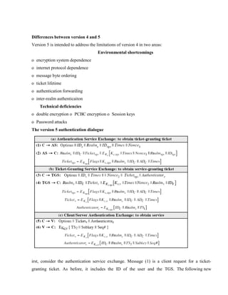 Differences between version 4 and 5
Version 5 is intended to address the limitations of version 4 in two areas:
Environmental shortcomings
o encryption system dependence
o internet protocol dependence
o message byte ordering
o ticket lifetime
o authentication forwarding
o inter-realm authenticaiton
Technical deficiencies
o double encryption o PCBC encryption o Session keys
o Password attacks
The version 5 authentication dialogue
irst, consider the authentication service exchange. Message (1) is a client request for a ticket-
granting ticket. As before, it includes the ID of the user and the TGS. The following new
 