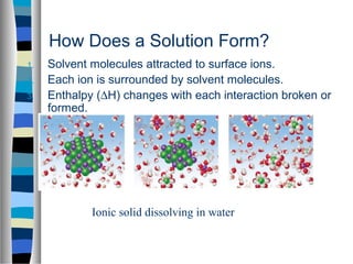 How Does a Solution Form?
1. Solvent molecules attracted to surface ions.
2. Each ion is surrounded by solvent molecules.
3. Enthalpy (∆H) changes with each interaction broken or
formed.
Ionic solid dissolving in water
 