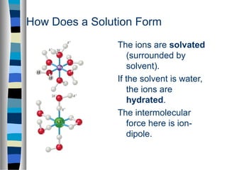 How Does a Solution Form
The ions are solvated
(surrounded by
solvent).
If the solvent is water,
the ions are
hydrated.
The intermolecular
force here is ion-
dipole.
 