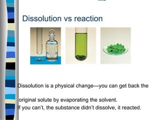 Dissolution vs reaction
Dissolution is a physical change—you can get back the
original solute by evaporating the solvent.
If you can’t, the substance didn’t dissolve, it reacted.
 