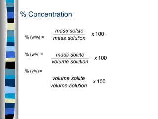 % (w/w) =
% (w/v) =
% (v/v) =
% Concentration
100x
solutionmass
solutemass
100x
solutionvolume
solutemass
100x
solutionvolume
solutevolume
 
