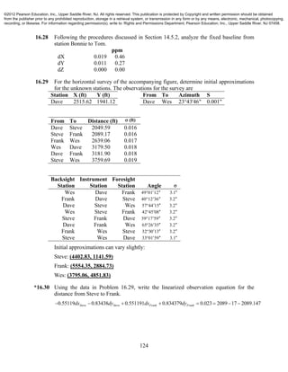 124
16.28 Following the procedures discussed in Section 14.5.2, analyze the fixed baseline from
station Bonnie to Tom.
ppm
dX 0.019 0.46
dY 0.011 0.27
dZ 0.000 0.00
16.29 For the horizontal survey of the accompanying figure, determine initial approximations
for the unknown stations. The observations for the survey are
Station X (ft) Y (ft) From To Azimuth S
Dave 2515.62 1941.12 Dave Wes 23°43'46" 0.001"
From To Distance (ft) (ft)
Dave Steve 2049.59 0.016
Steve Frank 2089.17 0.016
Frank Wes 2639.06 0.017
Wes Dave 3179.50 0.018
Dave Frank 3181.90 0.018
Steve Wes 3759.69 0.019
Backsight
Station
Instrument
Station
Foresight
Station Angle 
Wes Dave Frank 49 01 12  3.1
Frank Dave Steve 40 12 36  3.2
Dave Steve Wes 57 44 15  3.2
Wes Steve Frank 42 45 08  3.2
Steve Frank Dave 39 17 59  3.2
Dave Frank Wes 65 26 35  3.2
Frank Wes Steve 32 30 13  3.2
Steve Wes Dave 33 01 59  3.1
Initial approximations can vary slightly:
Steve: (4402.83, 1141.59)
Frank: (5554.35, 2884.73)
Wes: (3795.06, 4851.83)
*16.30 Using the data in Problem 16.29, write the linearized observation equation for the
distance from Steve to Frank.
0.55119 0.83438 0.551191 0.834379 0.023 2089 17 2089.147Steve Steve Frank Frankdx dy dx dy       
©2012 Pearson Education, Inc., Upper Saddle River, NJ. All rights reserved. This publication is protected by Copyright and written permission should be obtained
from the publisher prior to any prohibited reproduction, storage in a retrieval system, or transmission in any form or by any means, electronic, mechanical, photocopying,
recording, or likewise. For information regarding permission(s), write to: Rights and Permissions Department, Pearson Education, Inc., Upper Saddle River, NJ 07458.
 