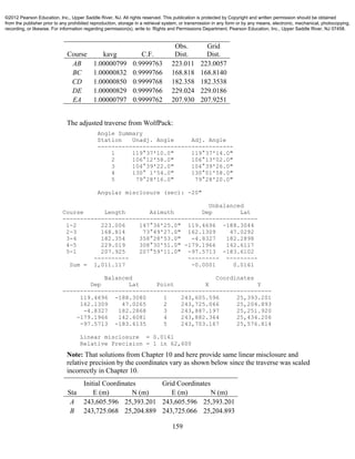 159
Course kavg C.F.
Obs.
Dist.
Grid
Dist.
AB 1.00000799 0.9999763 223.011 223.0057
BC 1.00000832 0.9999766 168.818 168.8140
CD 1.00000850 0.9999768 182.358 182.3538
DE 1.00000829 0.9999766 229.024 229.0186
EA 1.00000797 0.9999762 207.930 207.9251
The adjusted traverse from WolfPack:
Angle Summary
Station Unadj. Angle Adj. Angle
---------------------------------------
1 119°37'10.0" 119°37'14.0"
2 106°12'58.0" 106°13'02.0"
3 104°39'22.0" 104°39'26.0"
4 130° 1'54.0" 130°01'58.0"
5 79°28'16.0" 79°28'20.0"
Angular misclosure (sec): -20"
Unbalanced
Course Length Azimuth Dep Lat
--------------------------------------------------------
1-2 223.006 147°36'25.0" 119.4696 -188.3044
2-3 168.814 73°49'27.0" 162.1309 47.0292
3-4 182.354 358°28'53.0" -4.8327 182.2898
4-5 229.019 308°30'51.0" -179.1966 142.6117
5-1 207.925 207°59'11.0" -97.5713 -183.6102
---------- --------- ---------
Sum = 1,011.117 -0.0001 0.0161
Balanced Coordinates
Dep Lat Point X Y
------------------------------------------------------------
119.4696 -188.3080 1 243,605.596 25,393.201
162.1309 47.0265 2 243,725.066 25,204.893
-4.8327 182.2868 3 243,887.197 25,251.920
-179.1966 142.6081 4 243,882.364 25,434.206
-97.5713 -183.6135 5 243,703.167 25,576.814
Linear misclosure = 0.0161
Relative Precision = 1 in 62,600
Note: That solutions from Chapter 10 and here provide same linear misclosure and
relative precision by the coordinates vary as shown below since the traverse was scaled
incorrectly in Chapter 10.
Initial Coordinates Grid Coordinates
Sta E (m) N (m) E (m) N (m)
A 243,605.596 25,393.201 243,605.596 25,393.201
B 243,725.068 25,204.889 243,725.066 25,204.893
©2012 Pearson Education, Inc., Upper Saddle River, NJ. All rights reserved. This publication is protected by Copyright and written permission should be obtained
from the publisher prior to any prohibited reproduction, storage in a retrieval system, or transmission in any form or by any means, electronic, mechanical, photocopying,
recording, or likewise. For information regarding permission(s), write to: Rights and Permissions Department, Pearson Education, Inc., Upper Saddle River, NJ 07458.
 