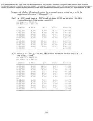 210
Compute and tabulate full-station elevations for an unequal-tangent vertical curve to fit the
requirements in Problems 25.15 through 25.18.
25.15 A +4.00% grade meets a −2.00% grade at station 60+00 and elevation 1086.00 ft.
Length of first curve 500 ft, second curve 400 ft.
BVC Station = 55+00.000
BVC Elevation = 1066.000
Station x (Sta) g1*x r/2*x² Elevation
============================================================
64+00.000 4.000 5.333 -6.667 1,078.000
63+00.000 3.000 4.000 -3.750 1,079.583
62+00.000 2.000 2.667 -1.667 1,080.333
61+00.000 1.000 1.333 -0.417 1,080.250
60+00.000 0.000 0.000 -0.000 1,079.333
CVC
60+00.000 5.000 20.000 -6.667 1,079.333
59+00.000 4.000 16.000 -4.267 1,077.733
58+00.000 3.000 12.000 -2.400 1,075.600
57+00.000 2.000 8.000 -1.067 1,072.933
55+00.000 0 0 0 1,066.000
============================================================
25.16 Grade g1 = +1.25%, g1 = +3.50%, VPI at station 62+00 and elevation 650.00 ft, L1 =
600 ft and L2 = 600 ft.
BVC Station = 56+00.000
BVC Elevation = 642.500
Station x (Sta) g1*x r/2*x² Elevation
============================================================
68+00.000 6.000 14.250 3.375 671.000
67+00.000 5.000 11.875 2.344 667.594
66+00.000 4.000 9.500 1.500 664.375
65+00.000 3.000 7.125 0.844 661.344
64+00.000 2.000 4.750 0.375 658.500
63+00.000 1.000 2.375 0.094 655.844
62+00.000 0.000 0.000 0.000 653.375
CVC
62+00.000 6.000 7.500 3.375 653.375
61+00.000 5.000 6.250 2.344 651.094
60+00.000 4.000 5.000 1.500 649.000
59+00.000 3.000 3.750 0.844 647.094
58+00.000 2.000 2.500 0.375 645.375
56+00.000 0 0 0 642.500
============================================================
©2012 Pearson Education, Inc., Upper Saddle River, NJ. All rights reserved. This publication is protected by Copyright and written permission should be obtained
from the publisher prior to any prohibited reproduction, storage in a retrieval system, or transmission in any form or by any means, electronic, mechanical, photocopying,
recording, or likewise. For information regarding permission(s), write to: Rights and Permissions Department, Pearson Education, Inc., Upper Saddle River, NJ 07458.
 
