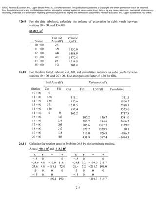 216
*26.9 For the data tabulated, calculate the volume of excavation in cubic yards between
stations 10 00 and 15 00.
6168.5 yd3
Station
Cut End
Area (ft2
)
Volume
(yd3
)
10 + 00 263
11 + 00 358 1150.0
12 + 00 446 1488.9
13 + 00 402 1570.4
14 + 00 274 1251.9
15 + 00 108 707.4
26.10 For the data listed, tabulate cut, fill, and cumulative volumes in cubic yards between
stations 10 00 and 20 00. Use an expansion factor of 1.30 for fills.
End Area (ft2
) Volumes (yd3
)
Station Cut Fill Cut Fill 1.30 Fill Cumulative
10 + 00 0
11 + 00 168 311.1 311.1
12 + 00 348 955.6 1266.7
13 + 00 371 1331.5 2598.1
14 + 00 146 957.4 3555.6
14 + 60 0 0 162.2 3717.8
15 + 00 142 105.2 136.7 3581.0
16 + 00 238 703.7 914.8 2666.2
17 + 00 305 1005.6 1307.2 1359.0
18 + 00 247 1022.2 1328.9 30.1
19 + 00 138 713.0 926.9 −896.7
20 + 00 106 451.9 587.4 −1484.1
26.11 Calculate the section areas in Problem 26.4 by the coordinate method.
Areas: 190.1 ft2
and 319.7 ft2
x y − + x y − +
−15 0 0 −15 0 0
−24.6 4.8 −72.0 118.1 −29.4 7.2 −108.0 211.7
24.6 4.8 −118.1 72.0 29.4 7.2 −211.7 108.0
15 0 0 0 15 0 0 0
−15 0 0 −15 0 0
−190.1 190.1 −319.7 319.7
©2012 Pearson Education, Inc., Upper Saddle River, NJ. All rights reserved. This publication is protected by Copyright and written permission should be obtained
from the publisher prior to any prohibited reproduction, storage in a retrieval system, or transmission in any form or by any means, electronic, mechanical, photocopying,
recording, or likewise. For information regarding permission(s), write to: Rights and Permissions Department, Pearson Education, Inc., Upper Saddle River, NJ 07458.
 