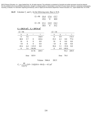 220
26.23 Calculate eV and PV for the following notes. Base is 36 ft.
12 90 C6.4
43.6
C3.6
0
C5.7
40.8
12 30 C3.1
30.4
C4.9
0
C4.3
35.2
Ve = 202.5 yd3
; Vp = 207.0 yd3
12 + 90 12 + 30
x y − + x y − +
0 3.6 146.9 0 4.9 172.5
40.8 5.7 0 102.6 35.2 4.3 0.0 77.4
18 0 0 0.0 18 0 0.0 0.0
−18 0 0 0.0 −18 0 0.0 0.0
43.6 6.4 −115.2 0.0 30.4 3.1 −55.8 0.0
0 3.6 156.96 0 4.9 149.0
41.76 249.5 93.2 249.9
Area 103.9 Area 78.4
Volume 5466.6 202.5
 
   360
4.9 3.6 65.6 84.4 4.5 yd
12 27
PC     
©2012 Pearson Education, Inc., Upper Saddle River, NJ. All rights reserved. This publication is protected by Copyright and written permission should be obtained
from the publisher prior to any prohibited reproduction, storage in a retrieval system, or transmission in any form or by any means, electronic, mechanical, photocopying,
recording, or likewise. For information regarding permission(s), write to: Rights and Permissions Department, Pearson Education, Inc., Upper Saddle River, NJ 07458.
 