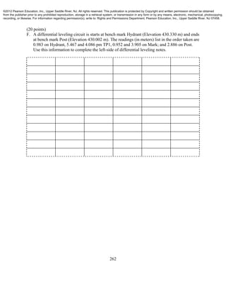 262
(20 points)
F. A differential leveling circuit is starts at bench mark Hydrant (Elevation 430.330 m) and ends
at bench mark Post (Elevation 430.002 m). The readings (in meters) list in the order taken are
0.983 on Hydrant, 5.467 and 4.086 pm TP1, 0.952 and 3.905 on Mark; and 2.886 on Post.
Use this information to complete the left-side of differential leveling notes.
©2012 Pearson Education, Inc., Upper Saddle River, NJ. All rights reserved. This publication is protected by Copyright and written permission should be obtained
from the publisher prior to any prohibited reproduction, storage in a retrieval system, or transmission in any form or by any means, electronic, mechanical, photocopying,
recording, or likewise. For information regarding permission(s), write to: Rights and Permissions Department, Pearson Education, Inc., Upper Saddle River, NJ 07458.
 