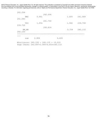 36
242.094
242.694
BM2 0.661 1.605 241.089
241.083
241.750
TP2 1.056 1.992 239.758
239.750
240.814
BM_MH 0.704 240.110
240.100
-----------------------------------------------------------
---
sum 2.906 6.693
Misclosure: 240.100 - 240.110 = -0.010
Page Check: 243.897+2.906-6.693=240.110
©2012 Pearson Education, Inc., Upper Saddle River, NJ. All rights reserved. This publication is protected by Copyright and written permission should be obtained
from the publisher prior to any prohibited reproduction, storage in a retrieval system, or transmission in any form or by any means, electronic, mechanical, photocopying,
recording, or likewise. For information regarding permission(s), write to: Rights and Permissions Department, Pearson Education, Inc., Upper Saddle River, NJ 07458.
 