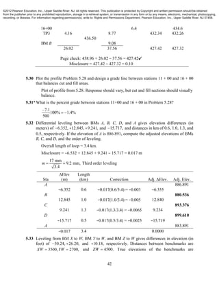 42
16+00 6.4 434.6
TP3 4.16 8.77 432.34 432.26
436.50
BM B 9.08
26.02 37.56 427.42 427.32
Page check: 438.96 + 26.02 − 37.56 = 427.42✔
Misclosure = 427.42 − 427.32 = 0.10
5.30 Plot the profile Problem 5.28 and design a grade line between stations 11 + 00 and 16 + 00
that balances cut and fill areas.
Plot of profile from 5.28. Response should vary, but cut and fill sections should visually
balance.
5.31*What is the percent grade between stations 11+00 and 16 + 00 in Problem 5.28?
7.1
100% 1.4%
500

 
5.32 Differential leveling between BMs A, B, C, D, and A gives elevation differences (in
meters) of 6.352, 12.845, 9.241,   and 15.717, and distances in km of 0.6, 1.0, 1.3, and
0.5, respectively. If the elevation of A is 886.891, compute the adjusted elevations of BMs
B, C, and D, and the order of leveling.
Overall length of loop = 3.4 km.
Misclosure = −6.532 + 12.845 + 9.241 − 15.717 = 0.017 m
17 mm
9.2 mm,
3.4
m   Third order leveling
Sta
∆Elev
(m)
Length
(km) Correction Adj. ∆Elev. Adj. Elev.
A 886.891
−6.352 0.6 −0.017(0.6/3.4) = −0.003 −6.355
B 880.536
12.845 1.0 −0.017(1.0/3.4) = −0.005 12.840
C 893.376
9.241 1.3 −0.017(1.3/3.4) = −0.0065 9.234
D   899.610
−15.717 0.5 −0.017(0.5/3.4) = −0.0025 −15.719
A   883.891
−0.017 3.4 0.0000
5.33 Leveling from BM X to W, BM Y to W, and BM Z to W gives differences in elevation (in
feet) of 30.24, 26.20,  and 10.18, respectively. Distances between benchmarks are
3500, 2700,XW YW  and 4500.ZW  True elevations of the benchmarks are
©2012 Pearson Education, Inc., Upper Saddle River, NJ. All rights reserved. This publication is protected by Copyright and written permission should be obtained
from the publisher prior to any prohibited reproduction, storage in a retrieval system, or transmission in any form or by any means, electronic, mechanical, photocopying,
recording, or likewise. For information regarding permission(s), write to: Rights and Permissions Department, Pearson Education, Inc., Upper Saddle River, NJ 07458.
 