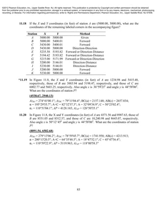 85
11.18 If the X and Y coordinates (in feet) of station A are (5000.00, 5000.00), what are the
coordinates of the remaining labeled corners in the accompanying figure?
Station X Y Method
A
B
C
D
E
F
G
H
I
J
K
5000.00
5000.00
5430.00
5430.00
5235.58
5194.42
5215.00
5200.00
5230.00
5200.00
5230.00
5000.00
5400.01
5400.01
5000.00
5193.82
5193.82
5171.99
5146.01
5146.01
5000.00
5000.00
Given
Forward
Forward
Direction-Direction
Forward or Direction-Distance
Forward or Direction-Distance
Forward or Direction-Direction
Direction-Distance
Direction-Distance
Forward
Forward
*11.19 In Figure 11.8, the X and Y coordinates (in feet) of A are 1234.98 and 5415.48,
respectively, those of B are 3883.94 and 5198.47, respectively, and those of C are
6002.77 and 5603.25, respectively. Also angle x is 36 59 21  and angle y is 44 58 06 . 
What are the coordinates of station P?
(4538.67, 2940.13)
AzBA = 274°41'00.1"; AzBC = 79°11'04.4"; BC(a) = 2157.148; AB(c) = 2657.834;
" = 195°29'55.7"; A+C = 82°32'37.3"; A = 32°09'34.9"; C = 50°23'02.4";
"1 = 110°51'04.1"; AP = 4128.165; AzAP = 126°50'35.1"
11.20 In Figure 11.8, the X and Y coordinates (in feet) of A are 4371.56 and 8987.63, those of
B are 8531.05 and 8312.57, and those of C are 10,240.98 and 8645.07, respectively.
Also angle x is 50 12'45 and angle y is 44 58 06 .  What are the coordinates of station
P?
(8891.54, 6582.68)
AzBA = 279°13'06.2"; AzBC = 78°59'45.7"; BC(a) = 1741.958; AB(c) = 4213.913;
" = 200°13'20.5"; A+C = 64°35'48.5"; A = 18°47'52.1"; C = 45°47'56.4";
"1 = 110°59'22.9"; AP = 5119.963; AzAP = 118°00'58.3"
©2012 Pearson Education, Inc., Upper Saddle River, NJ. All rights reserved. This publication is protected by Copyright and written permission should be obtained
from the publisher prior to any prohibited reproduction, storage in a retrieval system, or transmission in any form or by any means, electronic, mechanical, photocopying,
recording, or likewise. For information regarding permission(s), write to: Rights and Permissions Department, Pearson Education, Inc., Upper Saddle River, NJ 07458.
 