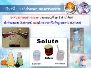 เรื่องที่ 1 องค์ประกอบของสารละลาย
องค์ประกอบสารละลาย ประกอบไปด้วย 2 ส่วนได้แก่
ตัวทาละลาย (Solvent) และตัวละลายหรือตัวถูกละลาย (Solute)
 