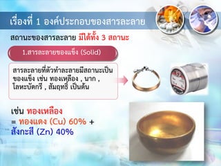เรื่องที่ 1 องค์ประกอบของสารละลาย
1.สารละลายของแข็ง (Solid)
สารละลายที่ตัวทาละลายมีสถานะเป็น
ของแข็ง เช่น ทองเหลือง , นาก ,
โลหะบัดกรี , สัมฤทธิ์ เป็นต้น
สถานะของสารละลาย มีได้ทั้ง 3 สถานะ
เช่น ทองเหลือง
= ทองแดง (Cu) 60% +
สังกะสี (Zn) 40%
 