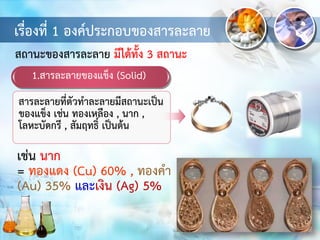 เรื่องที่ 1 องค์ประกอบของสารละลาย
1.สารละลายของแข็ง (Solid)
สารละลายที่ตัวทาละลายมีสถานะเป็น
ของแข็ง เช่น ทองเหลือง , นาก ,
โลหะบัดกรี , สัมฤทธิ์ เป็นต้น
สถานะของสารละลาย มีได้ทั้ง 3 สถานะ
เช่น นาก
= ทองแดง (Cu) 60% , ทองคา
(Au) 35% และเงิน (Ag) 5%
 