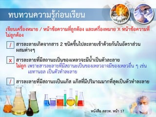 ทบทวนความรู้ก่อนเรียน
เขียนเครื่องหมาย / หน้าข้อความที่ถูกต้อง และเครื่องหมาย X หน้าข้อความที่
ไม่ถูกต้อง
/ สารละลายเกิดจากสาร 2 ชนิดขึ้นไปละลายเข้าด้วยกันในอัตราส่วน
ผสมต่างๆ
สารละลายที่มีสถานะเป็นของเหลวจะมีน้าเป็นตัวละลาย
ไม่ถูก เพราะสารละลายที่มีสถานะเป็นของเหลวอาจมีของเหลวอื่น ๆ เช่น
เอทานอล เป็นตัวทาละลาย
สารละลายที่มีสถานะเป็นแก๊ส แก๊สที่มีปริมาณมากที่สุดเป็นตัวทาละลาย
x
/
หนังสือ สสวท. หน้า 17
 