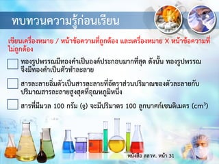 ทบทวนความรู้ก่อนเรียน
เขียนเครื่องหมาย / หน้าข้อความที่ถูกต้อง และเครื่องหมาย X หน้าข้อความที่
ไม่ถูกต้อง
ทองรูปพรรณมีทองคาเป็นองค์ประกอบมากที่สุด ดังนั้น ทองรูปพรรณ
จึงมีทองคาเป็นตัวทาละลาย
สารละลายอิ่มตัวเป็นสารละลายที่อัตราส่วนปริมาณของตัวละลายกับ
ปริมาณสารละลายสูงสุดที่อุณหภูมิหนึ่ง
สารที่มีมวล 100 กรัม (g) จะมีปริมาตร 100 ลูกบาศก์เซนติเมตร (cm3)
หนังสือ สสวท. หน้า 31
 