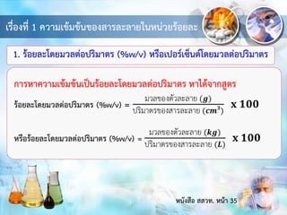 เรื่องที่ 1 ความเข้มข้นของสารละลายในหน่วยร้อยละ
1. ร้อยละโดยมวลต่อปริมาตร (%w/v) หรือเปอร์เซ็นต์โดยมวลต่อปริมาตร
หนังสือ สสวท. หน้า 35
 
