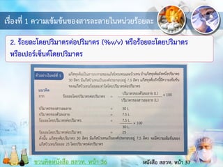 เรื่องที่ 1 ความเข้มข้นของสารละลายในหน่วยร้อยละ
2. ร้อยละโดยปริมาตรต่อปริมาตร (%v/v) หรือร้อยละโดยปริมาตร
หรือเปอร์เซ็นต์โดยปริมาตร
หนังสือ สสวท. หน้า 37
ชวนคิดหนังสือ สสวท. หน้า 36
 
