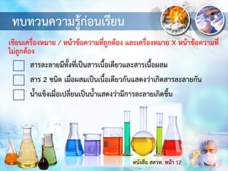 ทบทวนความรู้ก่อนเรียน
เขียนเครื่องหมาย / หน้าข้อความที่ถูกต้อง และเครื่องหมาย X หน้าข้อความที่
ไม่ถูกต้อง
สารละลายมีทั้งที่เป็นสารเนื้อเดียวและสารเนื้อผสม
สาร 2 ชนิด เมื่อผสมเป็นเนื้อเดียวกันแสดงว่าเกิดสารละลายกัน
น้าแข็งเมื่อเปลี่ยนเป็นน้าแสดงว่ามีการละลายเกิดขึ้น
หนังสือ สสวท. หน้า 12
 