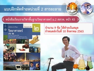 หนังสือเรียนรายวิชาพื้นฐานวิทยาศาสตร์ ม.2 สสวท. หน้า 45
แบบฝึกหัดท้ายหน่วยที่ 2 สารละลาย
จานวน 9 ข้อ ให้ทาลงในสมุด
กาหนดส่งวันที่ 10 สิงหาคม 2563
 