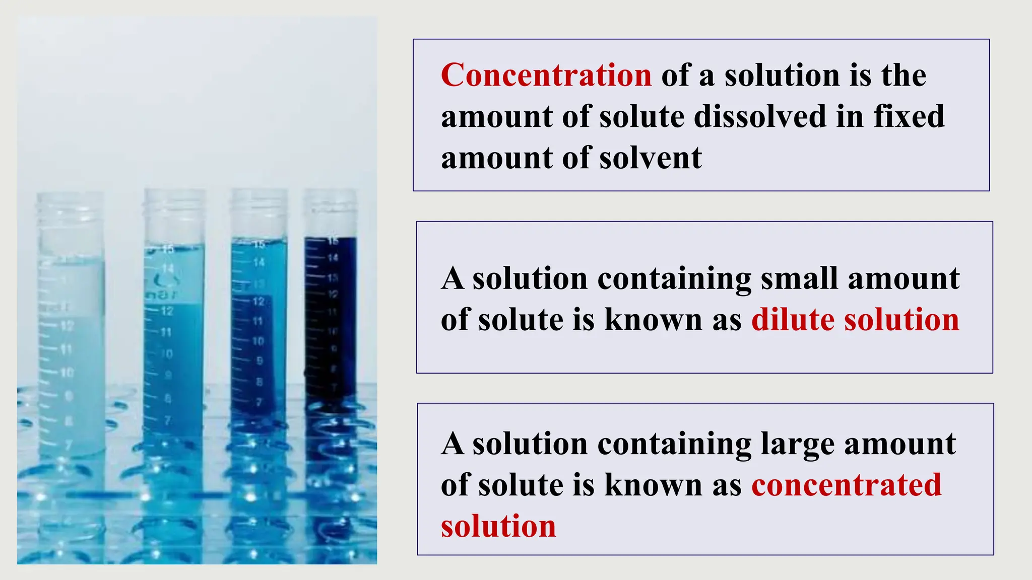 Concentration of a solution is the
amount of solute dissolved in fixed
amount of solvent
A solution containing small amount
of solute is known as dilute solution
A solution containing large amount
of solute is known as concentrated
solution
 