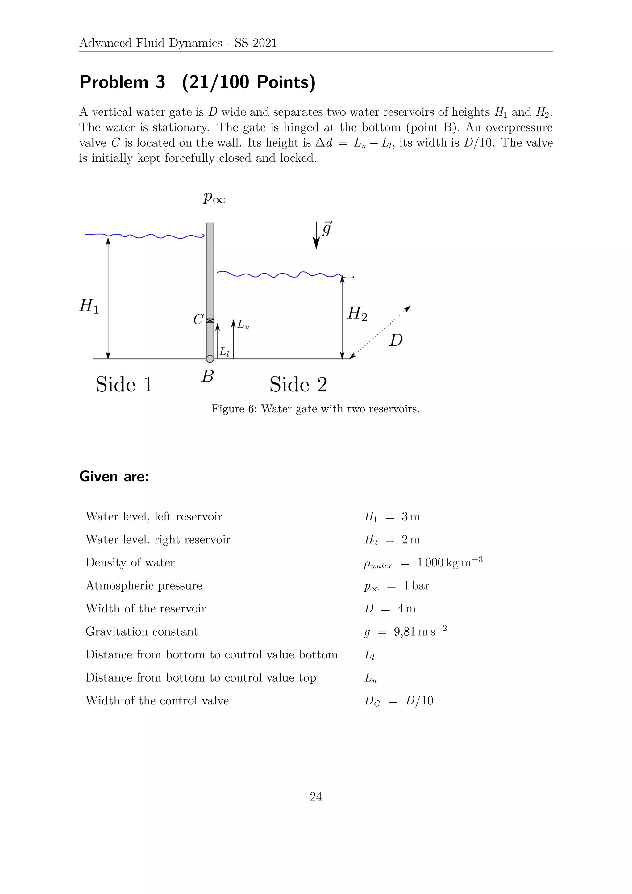 Advanced Fluid Dynamics - SS 2021
Problem 3 (21/100 Points)
A vertical water gate is D wide and separates two water reservoirs of heights H1 and H2.
The water is stationary. The gate is hinged at the bottom (point B). An overpressure
valve C is located on the wall. Its height is ∆d = Lu − Ll, its width is D/10. The valve
is initially kept forcefully closed and locked.
Figure 6: Water gate with two reservoirs.
Given are:
Water level, left reservoir H1 = 3 m
Water level, right reservoir H2 = 2 m
Density of water ρwater = 1 000 kg m−3
Atmospheric pressure p∞ = 1 bar
Width of the reservoir D = 4 m
Gravitation constant g = 9,81 m s−2
Distance from bottom to control value bottom Ll
Distance from bottom to control value top Lu
Width of the control valve DC = D/10
24
 