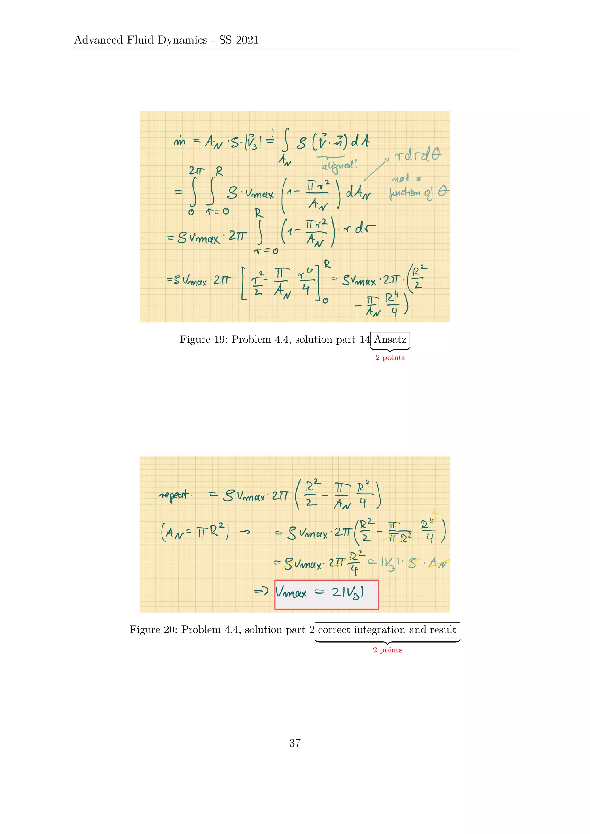 Advanced Fluid Dynamics - SS 2021
Figure 19: Problem 4.4, solution part 14 Ansatz
| {z }
2 points
Figure 20: Problem 4.4, solution part 2 correct integration and result
| {z }
2 points
37
 