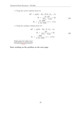 Advanced Fluid Dynamics - SS 2021
⇒ Using the correct solution from 3.5:
∆F = ρg(H1 − H2) · D/10 · (Lu − Ll)
H1 =
10 · ∆F
...