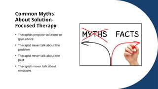 Common Myths
About Solution-
Focused Therapy
• Therapists propose solutions or
give advice
• Therapist never talk about the
problem
• Therapist never talk about the
past
• Therapists never talk about
emotions
 