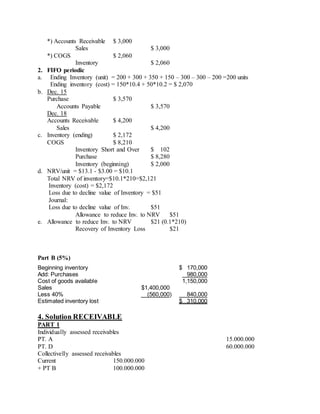 *) Accounts Receivable $ 3,000 
Sales $ 3,000 
*) COGS $ 2,060 
Inventory $ 2,060 
2. FIFO periodic 
a. Ending Inventory (unit) = 200 + 300 + 350 + 150 – 300 – 300 – 200 =200 units 
Ending inventory (cost) = 150*10.4 + 50*10.2 = $ 2,070 
b. Dec. 15 
Purchase $ 3,570 
Accounts Payable $ 3,570 
Dec. 18 
Accounts Receivable $ 4,200 
Sales $ 4,200 
c. Inventory (ending) $ 2,172 
COGS $ 8,210 
Inventory Short and Over $ 102 
Purchase $ 8,280 
Inventory (beginning) $ 2,000 
d. NRV/unit = $13.1 - $3.00 = $10.1 
Total NRV of inventory=$10.1*210=$2,121 
Inventory (cost) = $2,172 
Loss due to decline value of Inventory = $51 
Journal: 
Loss due to decline value of Inv. $51 
Allowance to reduce Inv. to NRV $51 
e. Allowance to reduce Inv. to NRV $21 (0.1*210) 
Recovery of Inventory Loss $21 
Part B (5%) 
Beginning inventory $ 170,000 
Add: Purchases 980,000 
Cost of goods available 1,150,000 
Sales $1,400,000 
Less 40% (560,000) 840,000 
Estimated inventory lost $ 310,000 
4. Solution RECEIVABLE 
PART 1 
Individually assessed receivables 
PT. A 15.000.000 
PT. D 60.000.000 
Collectivelly assessed receivables 
Current 150.000.000 
+ PT B 100.000.000 
 