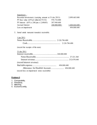 Impairment : 
Recorded investement (carrying amount at 31 dec 2011) 2.099.465.040 
PV face value (65%x2 miliarx0,75132) 976.716.000 
PV interest (65% x 240 juta x 2,48685) 387.948.600 
Accrued Interest 240.000.000+ 1.604.664.600 - 
Loss on impairment 494.800.440 
3. Jurnal untuk mencatat transaksi receivable: 
1 jan 2011 
Notes Receivable............................................ 2.126.786.400 
Cash............................................................. 2.126.786.400 
(record the receipts of the note) 
31 dec 2011 
Interest receivable............................................ 240.000.000 
Notes Receivable............................................................. 27.321.360 
Interest revenue............................................................... 212.678.640 
(record interest revenue) 
Bad debt expense............................................ 494.800.440 
Allowance for Doubful Account........................ 494.800.440 
(record loss on impairment notes receivable) 
Problem 5 
1. Comparability. 
2. Periodicity. 
3. Matching. 
4. Economic entity. 
