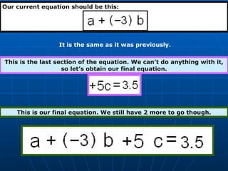 Our current equation should be this: It is the same as it was previously. This is the last section of the equation. We can’t do anything with it, so let’s obtain our final equation. This is our final equation. We still have 2 more to go though. 