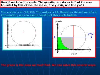 The vertex is at (15,12). The radius is 12. Based on those two bits of information, we can easily construct this circle below. Great! We have the circle. The question wants us to find the area bounded by this circle, the x-axis, the y-axis, and line y=12. The green is the area we must find. We can solve this several ways. 