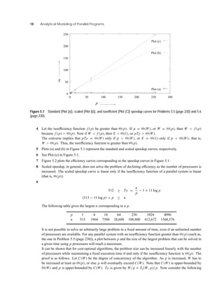 18 Analytical Modeling of Parallel Programs
Plot (a)
Plot (b)
Plot (c)
0
50
100
150
200
250
0 50 100 150 200 250 300
p
S
Figure 5.1 Standard (Plot (a)), scaled (Plot (b)), and isoefﬁcient (Plot (C)) speedup curves for Problems 5.5 (page 230) and 5.6
(page 230).
4 Let the isoefﬁciency function f (p) be greater than (p). If p = (W), or W = (p), then W < f (p)
because f (p) > (p). Now if W < f (p), then E < (1), or pTP > (W).
The converse implies that pTP = (W) only if p < (W), or E = (1) only if p < (W); that is,
W > (p). Thus, the isoefﬁciency function is greater than (p).
5 Plots (a) and (b) in Figure 5.1 represent the standard and scaled speedup curves, respectively.
6 See Plot (c) in Figure 5.1.
7 Figure 5.2 plots the efﬁciency curves corresponding to the speedup curves in Figure 5.1.
8 Scaled speedup, in general, does not solve the problem of declining efﬁciency as the number of processors is
increased. The scaled speedup curve is linear only if the isoefﬁciency function of a parallel system is linear
(that is, (p)).
9
512 ≥ TP =
n
p
− 1 + 11 log p
(513 − 11 log p) × p ≥ n
The following table gives the largest n corresponding to a p.
p 1 4 16 64 256 1024 4096
n 513 1964 7504 28,608 108,800 412,672 1560,576
It is not possible to solve an arbitrarily large problem in a ﬁxed amount of time, even if an unlimited number
of processors are available. For any parallel system with an isoefﬁciency function greater than (p) (such as,
the one in Problem 5.5 (page 230)), a plot between p and the size of the largest problem that can be solved in
a given time using p processors will reach a maximum.
It can be shown that for cost-optimal algorithms, the problem size can be increased linearly with the number
of processors while maintaining a ﬁxed execution time if and only if the isoefﬁciency function is (p). The
proof is as follows. Let C(W) be the degree of concurrency of the algorithm. As p is increased, W has to
be increased at least as (p), or else p will eventually exceed C(W). Note that C(W) is upper-bounded by
(W) and p is upper-bounded by C(W). TP is given by W/p + To(W, p)/p. Now consider the following
 