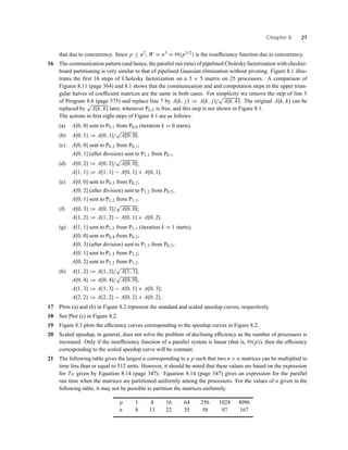 Chapter 8 27
that due to concurrency. Since p ≤ n2, W = n3 = (p3/2) is the isoefﬁciency function due to concurrency.
16 The communication pattern (and hence, the parallel run time) of pipelined Cholesky factorization with checker-
board partitioning is very similar to that of pipelined Gaussian elimination without pivoting. Figure 8.1 illus-
trates the ﬁrst 16 steps of Cholesky factorization on a 5 × 5 matrix on 25 processors. A comparison of
Figures 8.11 (page 364) and 8.1 shows that the communication and and computation steps in the upper trian-
gular halves of coefﬁcient matrices are the same in both cases. For simplicity we remove the step of line 5
of Program 8.6 (page 375) and replace line 7 by A[k, j] := A[k, j]/
√
A[k, k]. The original A[k, k] can be
replaced by
√
A[k, k] later, whenever Pk,k is free, and this step is not shown in Figure 8.1.
The actions in ﬁrst eight steps of Figure 8.1 are as follows:
(a) A[0, 0] sent to P0,1 from P0,0 (iteration k = 0 starts).
(b) A[0, 1] := A[0, 1]/
√
A[0, 0].
(c) A[0, 0] sent to P0,2 from P0,1;
A[0, 1] (after division) sent to P1,1 from P0,1.
(d) A[0, 2] := A[0, 2]/
√
A[0, 0];
A[1, 1] := A[1, 1] − A[0, 1] × A[0, 1].
(e) A[0, 0] sent to P0,3 from P0,2;
A[0, 2] (after division) sent to P1,2 from P0,2;
A[0, 1] sent to P1,2 from P1,1.
(f) A[0, 3] := A[0, 3]/
√
A[0, 0];
A[1, 2] := A[1, 2] − A[0, 1] × A[0, 2].
(g) A[1, 1] sent to P1,2 from P1,1 (iteration k = 1 starts);
A[0, 0] sent to P0,4 from P0,3;
A[0, 3] (after division) sent to P1,3 from P0,3;
A[0, 1] sent to P1,3 from P1,2;
A[0, 2] sent to P2,2 from P1,2.
(h) A[1, 2] := A[1, 2]/
√
A[1, 1];
A[0, 4] := A[0, 4]/
√
A[0, 0];
A[1, 3] := A[1, 3] − A[0, 1] × A[0, 3];
A[2, 2] := A[2, 2] − A[0, 2] × A[0, 2].
17 Plots (a) and (b) in Figure 8.2 represent the standard and scaled speedup curves, respectively.
18 See Plot (c) in Figure 8.2.
19 Figure 8.3 plots the efﬁciency curves corresponding to the speedup curves in Figure 8.2.
20 Scaled speedup, in general, does not solve the problem of declining efﬁciency as the number of processors is
increased. Only if the isoefﬁciency function of a parallel system is linear (that is, (p)), then the efﬁciency
corresponding to the scaled speedup curve will be constant.
21 The following table gives the largest n corresponding to a p such that two n × n matrices can be multiplied in
time less than or equal to 512 units. However, it should be noted that these values are based on the expression
for TP given by Equation 8.14 (page 347). Equation 8.14 (page 347) gives an expression for the parallel
run time when the matrices are partitioned uniformly among the processors. For the values of n given in the
following table, it may not be possible to partition the matrices uniformly.
p 1 4 16 64 256 1024 4096
n 8 13 22 35 58 97 167
 