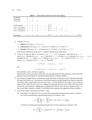 34 Sorting
Table 9.1 Communication requirements of row-major mapping.
1st iteration 1
2nd iteration 1 + 2
3rd iteration 1 + 2 + 4
...
(d/2)th iteration 1 + 2 + 4 + · · · + 2d/2−1
(d/2 + 1)st iteration 1 + 2 + 4 + · · · + 2d/2−1 + 1
(d/2 + 2)nd iteration 1 + 2 + 4 + · · · + 2d/2−1 + 1 + 2
(d/2 + 3)rd iteration 1 + 2 + 4 + · · · + 2d/2−1 + 1 + 2 + 4
...
dth iteration 1 + 2 + 4 + · · · + 2d/2−1 + 1 + 2 + 4 + · · · + 2d/2−1
2 A relation R on A is
• reﬂexive if for every a ∈ A (a, a) ∈ R.
• antisymmetric if for every a, b ∈ A with (a, b) ∈ R and (b, a) ∈ R, then a = b.
• transitive if for every a, b, c ∈ A whenever (a, b) ∈ R, and (b, c) ∈ R, then (a, c) ∈ R.
From the above deﬁnitions the fact that ≤ is a partial ordering can be easily shown.
3 To prove (a) note that there is an element ai (0 < i < n/2) of sequence s such that for all j < i,
min{aj , an/2+ j } belongs to {a0, a1, . . . , an/2−1} and for all i < j < n/2 min{aj , an/2+ j } belongs to {an/2, an/2+1, . . . , an−1}.
Similarly, for all j < i, max{aj , an/2+ j } belongs to {an/2, an/2+1, . . . , an−1} and for all n/2 > j > i,
max{aj , an/2+ j } belongs to {a0, a1, . . . , an/2−1}. Therefore,
s1 = {a0, a1, . . . , ai , an/2+i+1, . . . , an−1}
and
s2 = {an/2, an/2+1, . . . , an/2+i , ai+1, . . . , an/2−1}.
Note that both s1 and s2 are bitonic sequences.
Parts (b) and (c) can be proved in a similar way. For more detailed proof of the correctness of the bitonic split
operation refer to Knuth [Knu73], Jaja [Jaj92], Quinn [Qui87], or Batcher [Bat68].
5 From Figure 9.10 (page 389) we see that bitonic merge operations of sequences of size 2k take place during the
kth stage of the bitonic sort. The elements of each bitonic sequence merged during the kth stage correspond to
wires whose binary representation have the same (log n − k) most signiﬁcant bits (where n is the number of
element to be sorted). Because each wire is mapped to a hypercube processor whose label is the same as that
of the wire’s, each sequence is mapped onto a k-dimensional subcube. Since the most signiﬁcant (log n − k)
bits of each bitonic sequence of length 2k are different, these sequences are mapped onto distinct subcubes.
7 Let n be the number of processors such that d = log n.
(a) From Figure 9.11 (page 391) we can see that the communication requirements are shown in Table 9.1.
Let A be the communication required during the ﬁrst d/2 iterations. Then
A =
d/2−1
i=0
i
j=0
2j
=
d/2−1
i=0
22i
− 1 = 2
√
n − 2 −
1
2
log n.
Let B be the communication required during the ﬁrst d/2 steps of the last d/2 iterations. Then
B =
d
2
d/2−1
i=0
2i
=
1
2
log n(
√
n − 1) =
1
2
√
n log n −
1
2
log n.
 