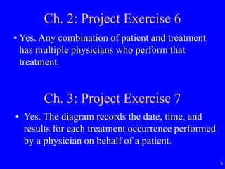 9
Ch. 2: Project Exercise 6
• Yes. Any combination of patient and treatment
has multiple physicians who perform that
treatment.
Ch. 3: Project Exercise 7
• Yes. The diagram records the date, time, and
results for each treatment occurrence performed
by a physician on behalf of a patient.
 