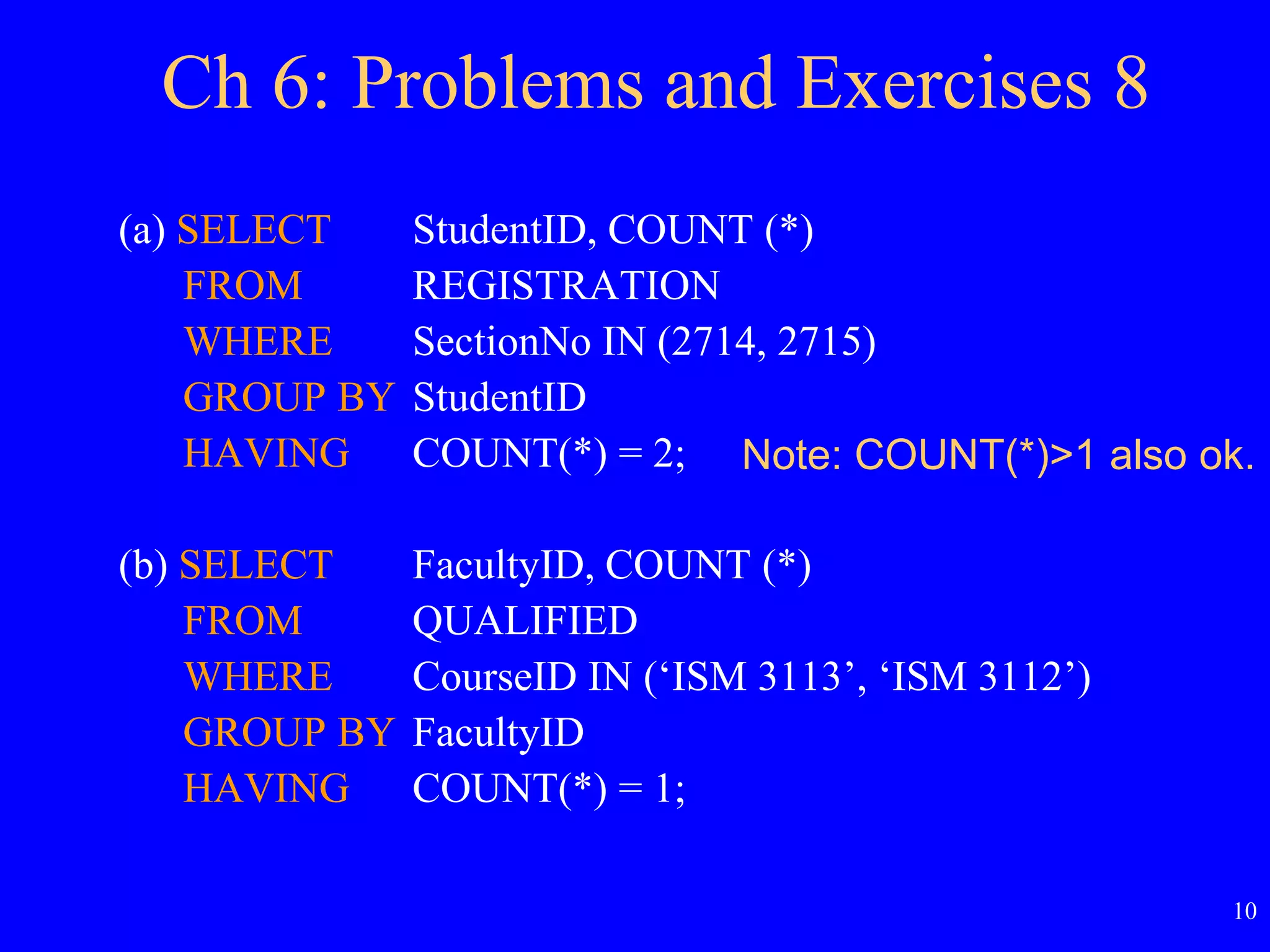 10
Ch 6: Problems and Exercises 8
(a) SELECT StudentID, COUNT (*)
FROM REGISTRATION
WHERE SectionNo IN (2714, 2715)
GROUP BY StudentID
HAVING COUNT(*) = 2;
(b) SELECT FacultyID, COUNT (*)
FROM QUALIFIED
WHERE CourseID IN (‘ISM 3113’, ‘ISM 3112’)
GROUP BY FacultyID
HAVING COUNT(*) = 1;
Note: COUNT(*)>1 also ok.
 