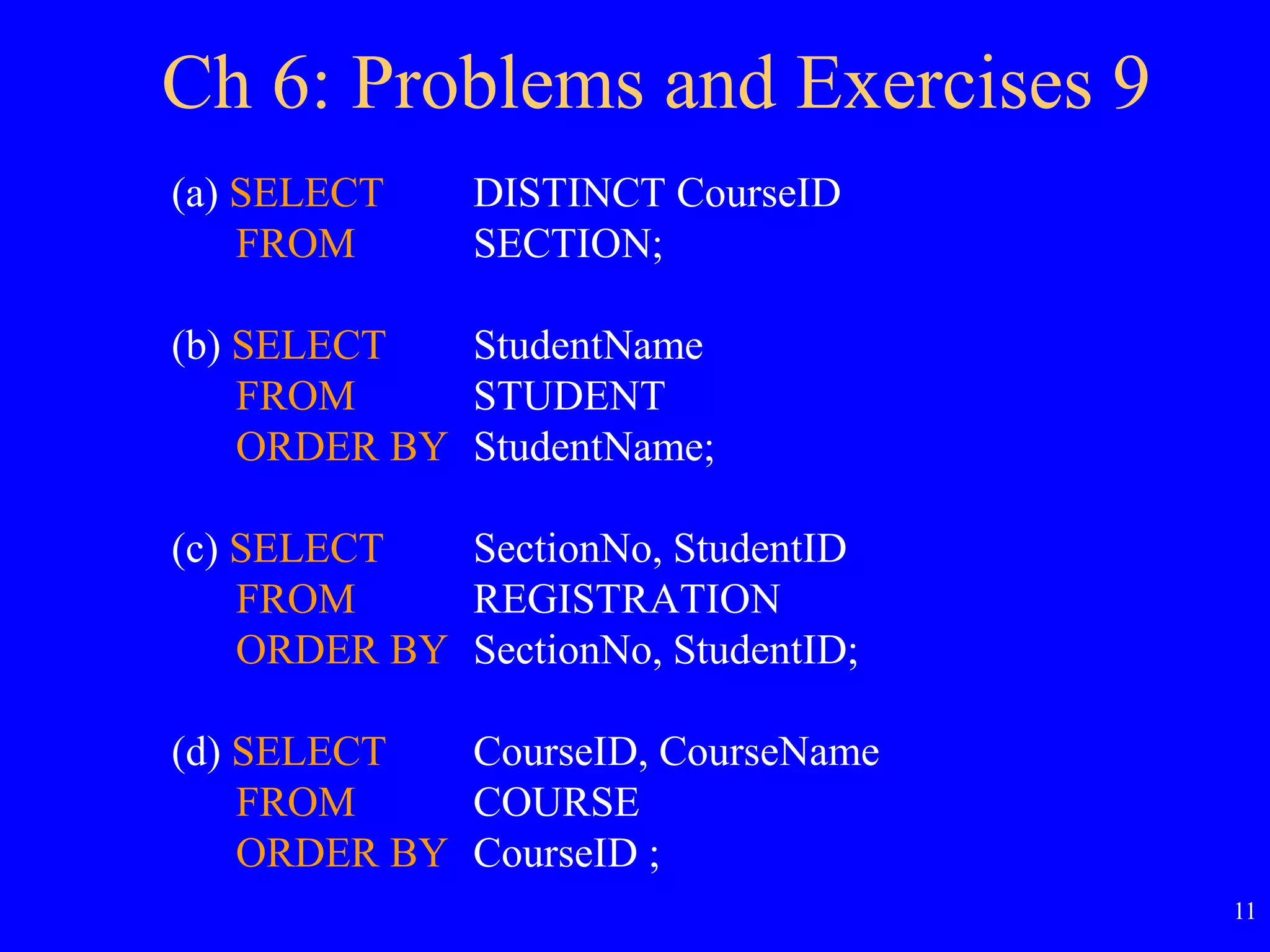 11
Ch 6: Problems and Exercises 9
(a) SELECT DISTINCT CourseID
FROM SECTION;
(b) SELECT StudentName
FROM STUDENT
ORDER BY StudentName;
(c) SELECT SectionNo, StudentID
FROM REGISTRATION
ORDER BY SectionNo, StudentID;
(d) SELECT CourseID, CourseName
FROM COURSE
ORDER BY CourseID ;
 