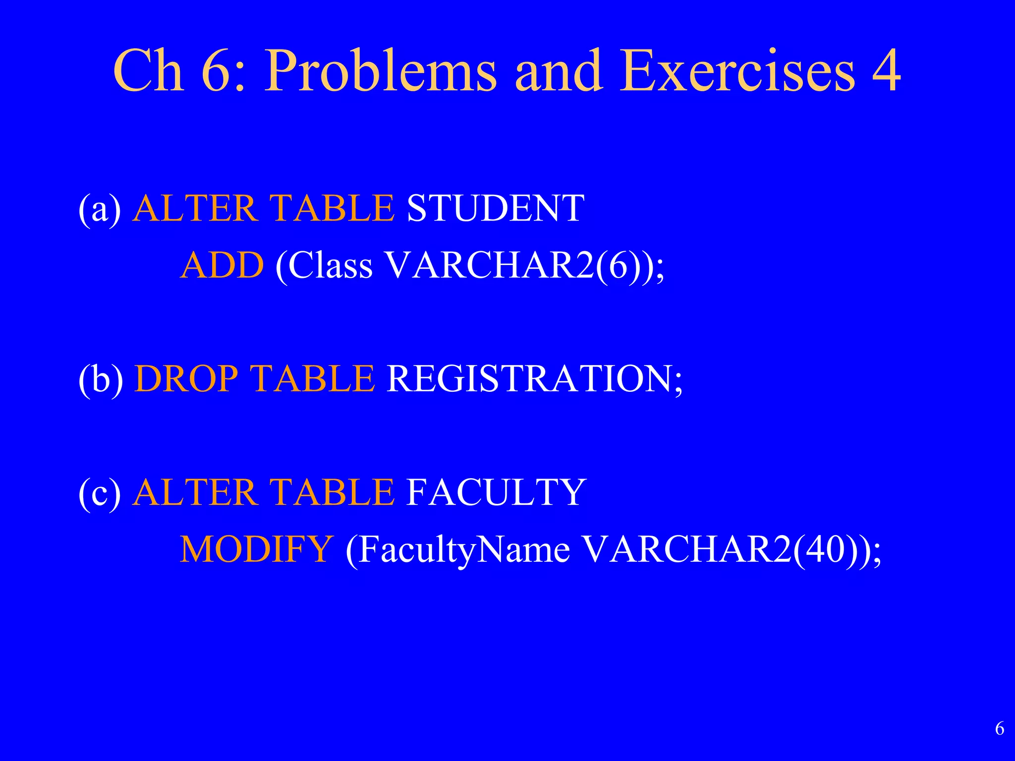 6
Ch 6: Problems and Exercises 4
(a) ALTER TABLE STUDENT
ADD (Class VARCHAR2(6));
(b) DROP TABLE REGISTRATION;
(c) ALTER TABLE FACULTY
MODIFY (FacultyName VARCHAR2(40));
 
