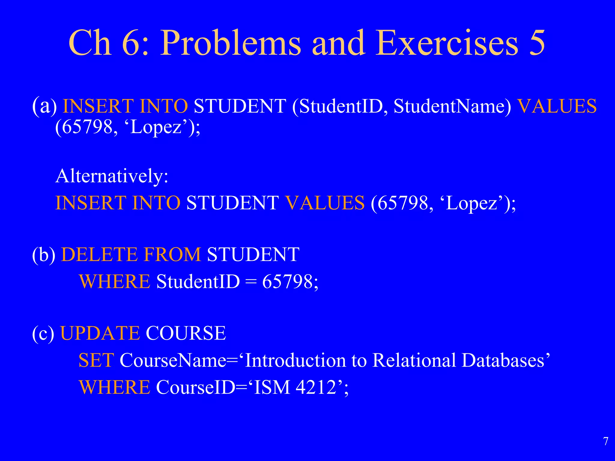 7
Ch 6: Problems and Exercises 5
(a) INSERT INTO STUDENT (StudentID, StudentName) VALUES
(65798, ‘Lopez’);
Alternatively:
INSERT INTO STUDENT VALUES (65798, ‘Lopez’);
(b) DELETE FROM STUDENT
WHERE StudentID = 65798;
(c) UPDATE COURSE
SET CourseName=‘Introduction to Relational Databases’
WHERE CourseID=‘ISM 4212’;
 