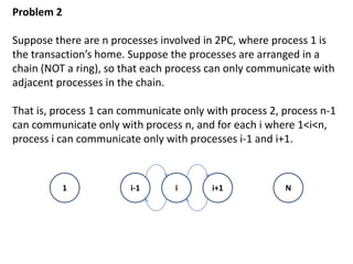 Problem 2
Suppose there are n processes involved in 2PC, where process 1 is
the transaction’s home. Suppose the processes are arranged in a
chain (NOT a ring), so that each process can only communicate with
adjacent processes in the chain.
That is, process 1 can communicate only with process 2, process n-1
can communicate only with process n, and for each i where 1<i<n,
process i can communicate only with processes i-1 and i+1.
1 i-1 i i+1 N
 