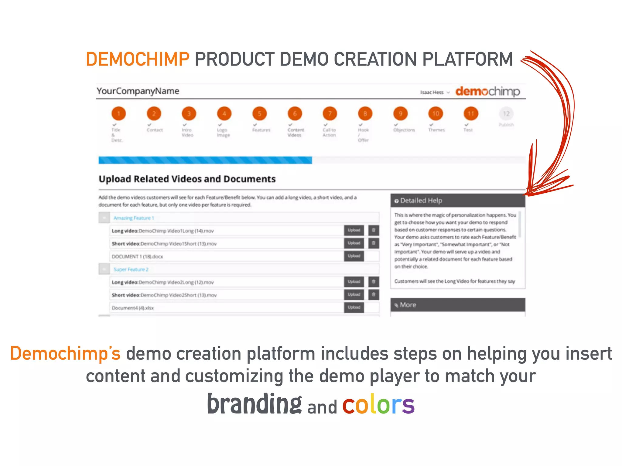 DEMOCHIMP PRODUCT DEMO CREATION PLATFORM 
Demochimp’s demo creation platform includes steps on helping you insert 
content and customizing the demo player to match your 
branding and colors 
 