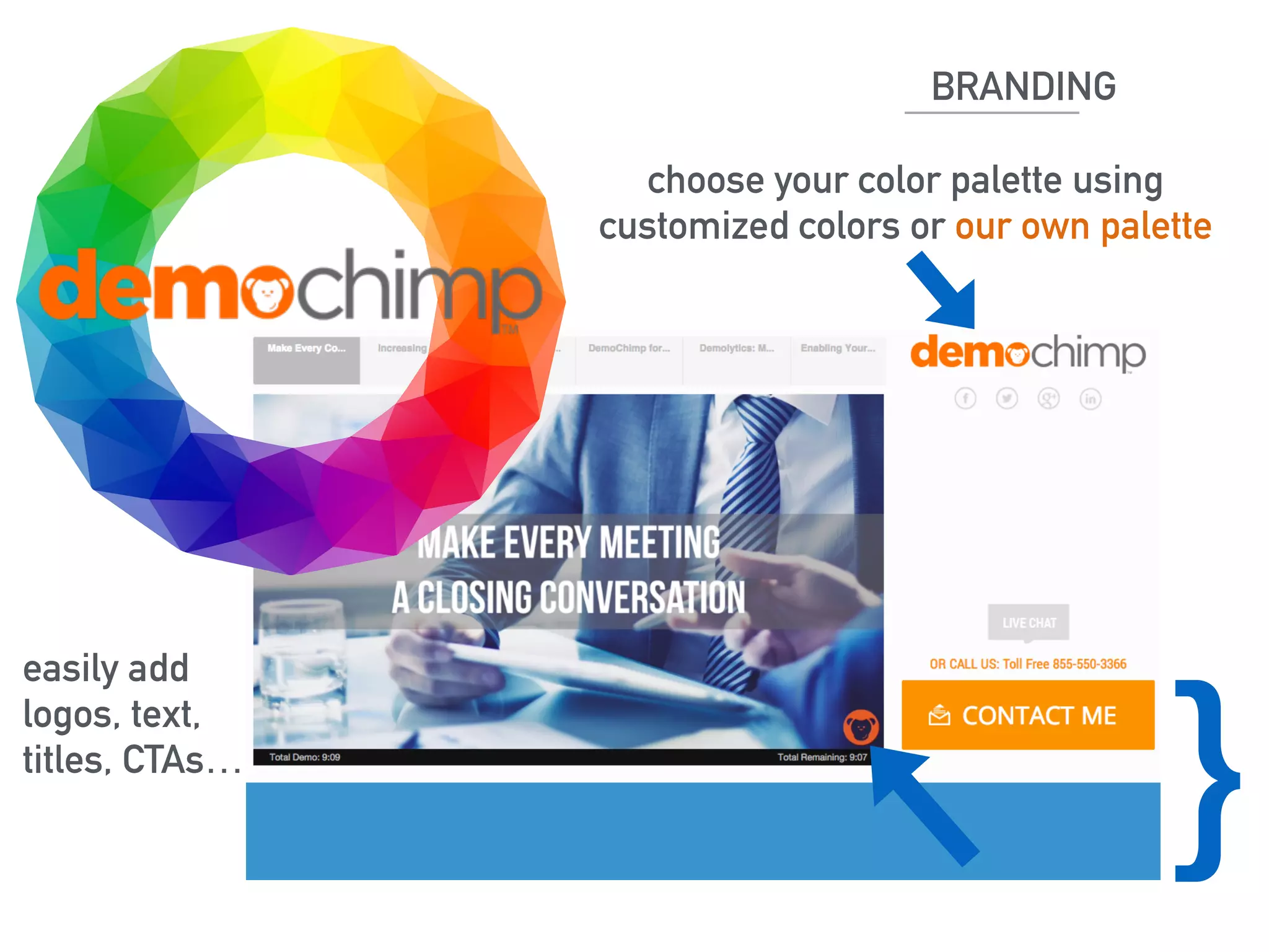 BRANDING 
choose your color palette using 
customized colors or our own palette 
easily add 
logos, text, 
titles, CTAs… 
}  