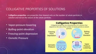 COLLIGATIVE PROPERTIES OF SOLUTIONS
• Colligative properties- are properties that depend only on the number of solute particles in
solution and not on the nature of the solute particles.
• Vapor-pressure lowering
• Boiling-point elevation
• Freezing-point depression
• Osmotic Pressure
 