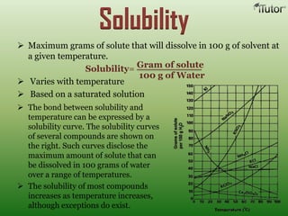 Solubility
 Maximum grams of solute that will dissolve in 100 g of solvent at
a given temperature.
Solubility=
 Varies with temperature
 Based on a saturated solution
Gram of solute
100 g of Water
 The bond between solubility and
temperature can be expressed by a
solubility curve. The solubility curves
of several compounds are shown on
the right. Such curves disclose the
maximum amount of solute that can
be dissolved in 100 grams of water
over a range of temperatures.
 The solubility of most compounds
increases as temperature increases,
although exceptions do exist.
 