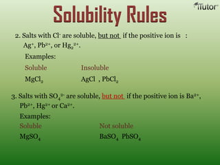 Solubility Rules
2. Salts with Cl- are soluble, but not if the positive ion is :
Ag+, Pb2+, or Hg2
2+.
Examples:
Soluble Insoluble
MgCl2 AgCl , PbCl2
3. Salts with SO4
2- are soluble, but not if the positive ion is Ba2+,
Pb2+, Hg2+ or Ca2+.
Examples:
Soluble Not soluble
MgSO4 BaSO4 PbSO4
 