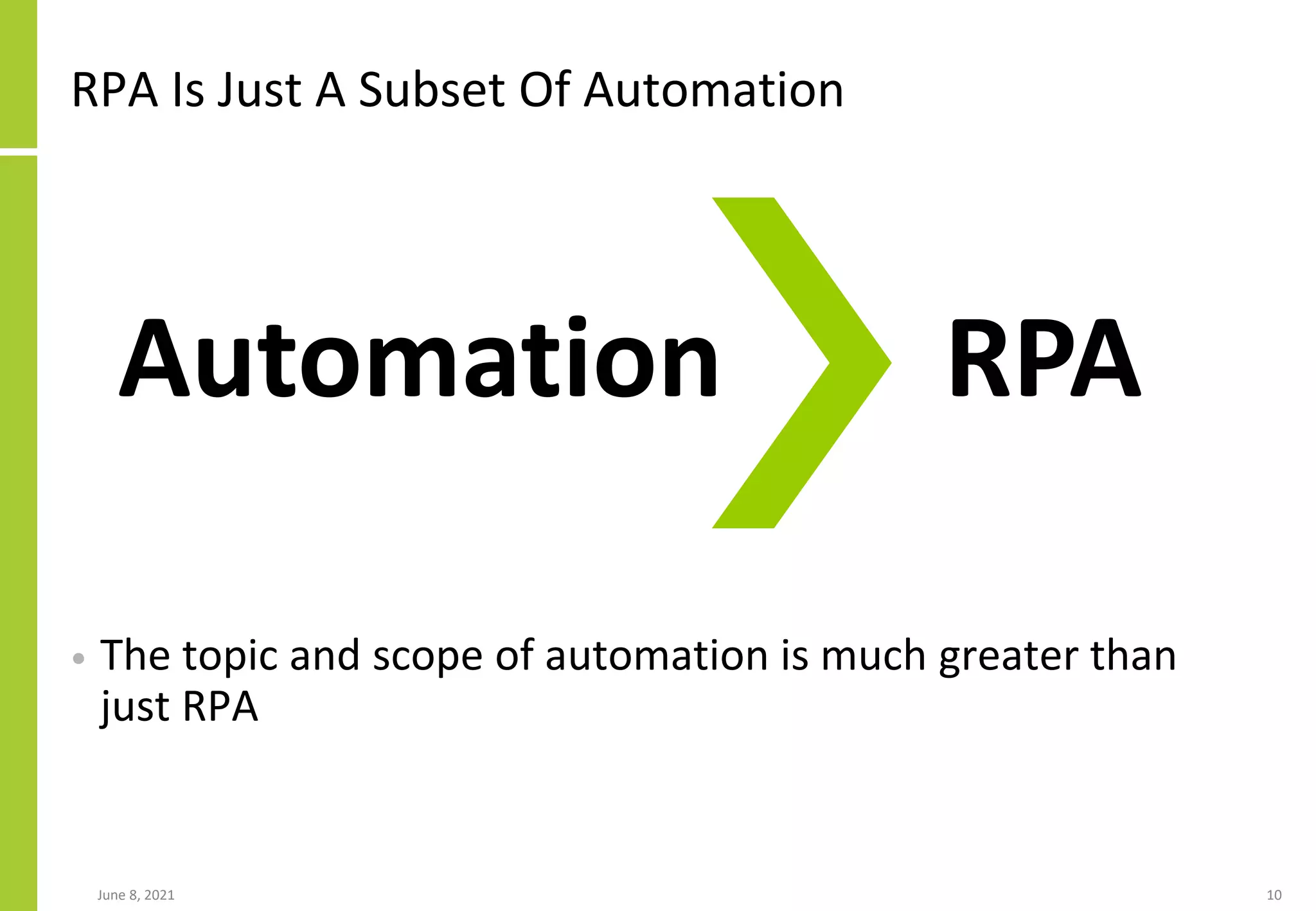 RPA Is Just A Subset Of Automation
• The topic and scope of automation is much greater than
just RPA
June 8, 2021 10
Automation RPA
 